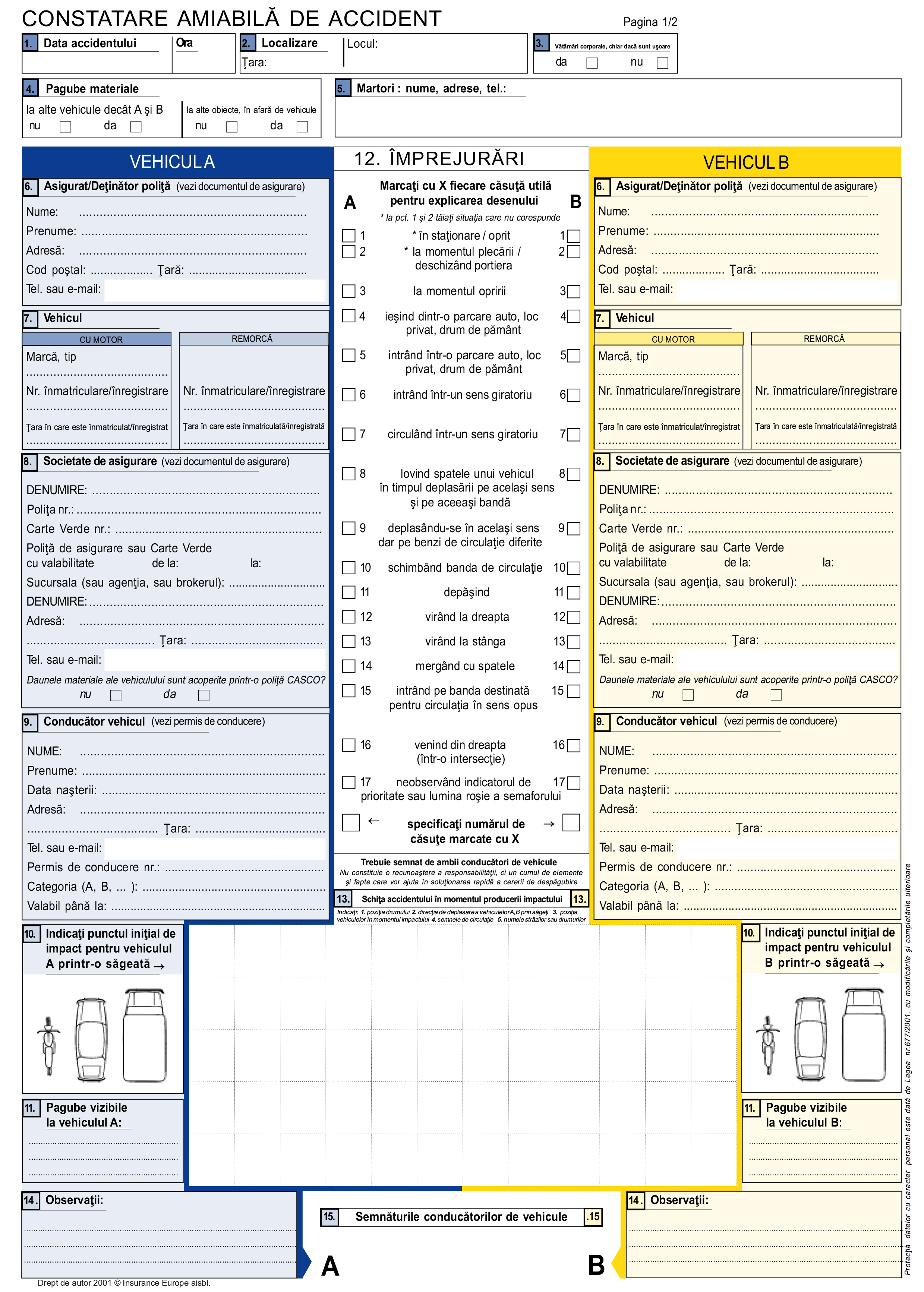 Formular amiabila explicat cu toate campurile necesare pentru constatare amiabila